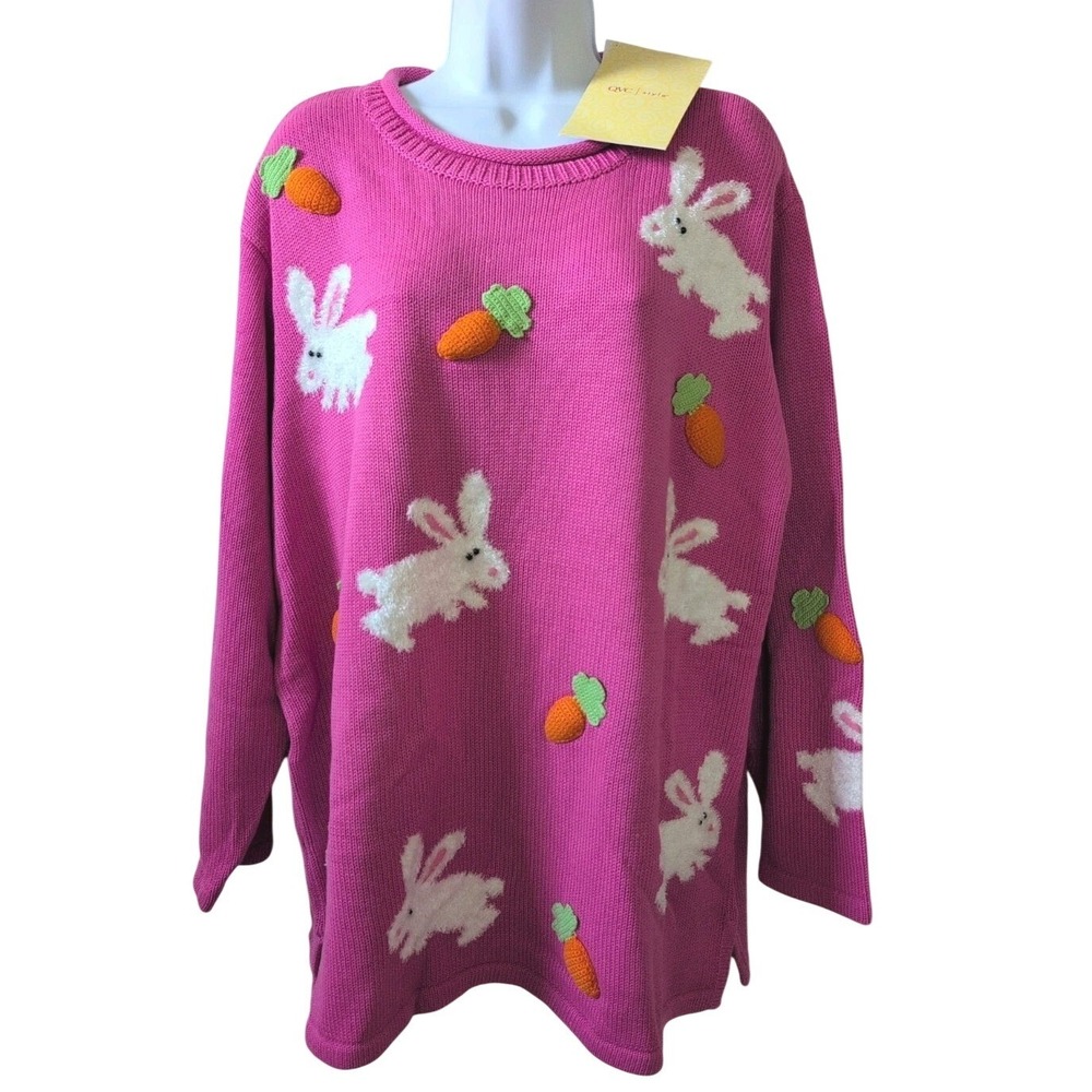 Quacker Factory Sweater 1X NWT Pink Easter Bunny Rabbit Carrot Knit Pullover